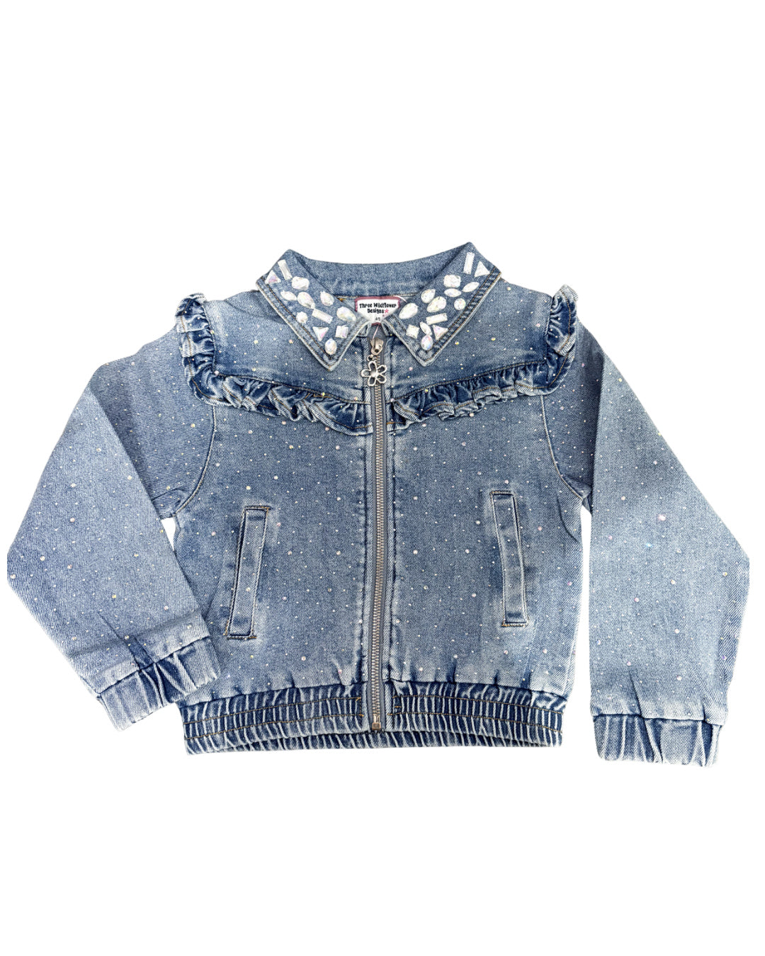 Rhinestone & Ruffle Denim Bomber Jacket